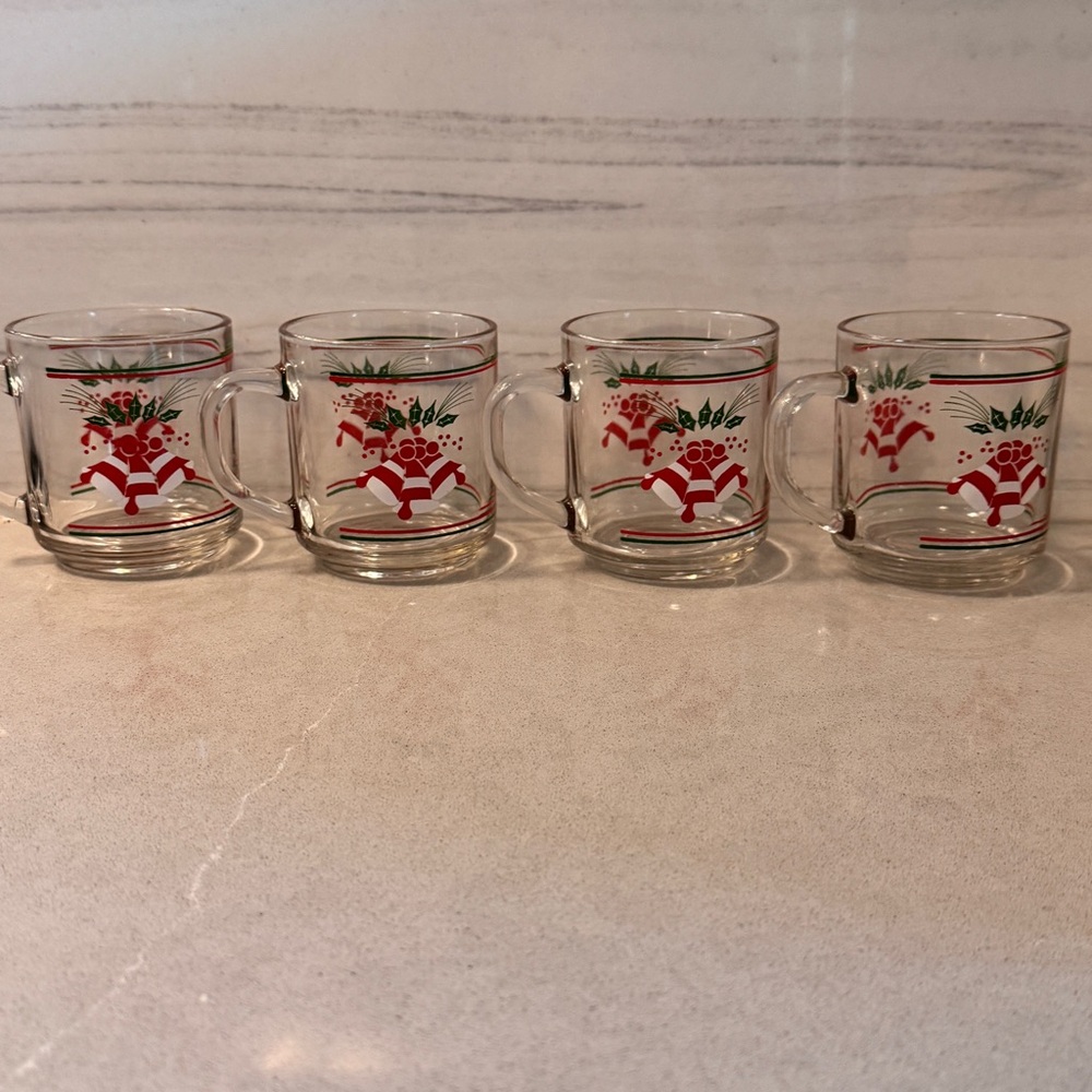 Vintage 4 Christmas Mugs KIG Christmas Bells Graphic Glass Mugs with Handle